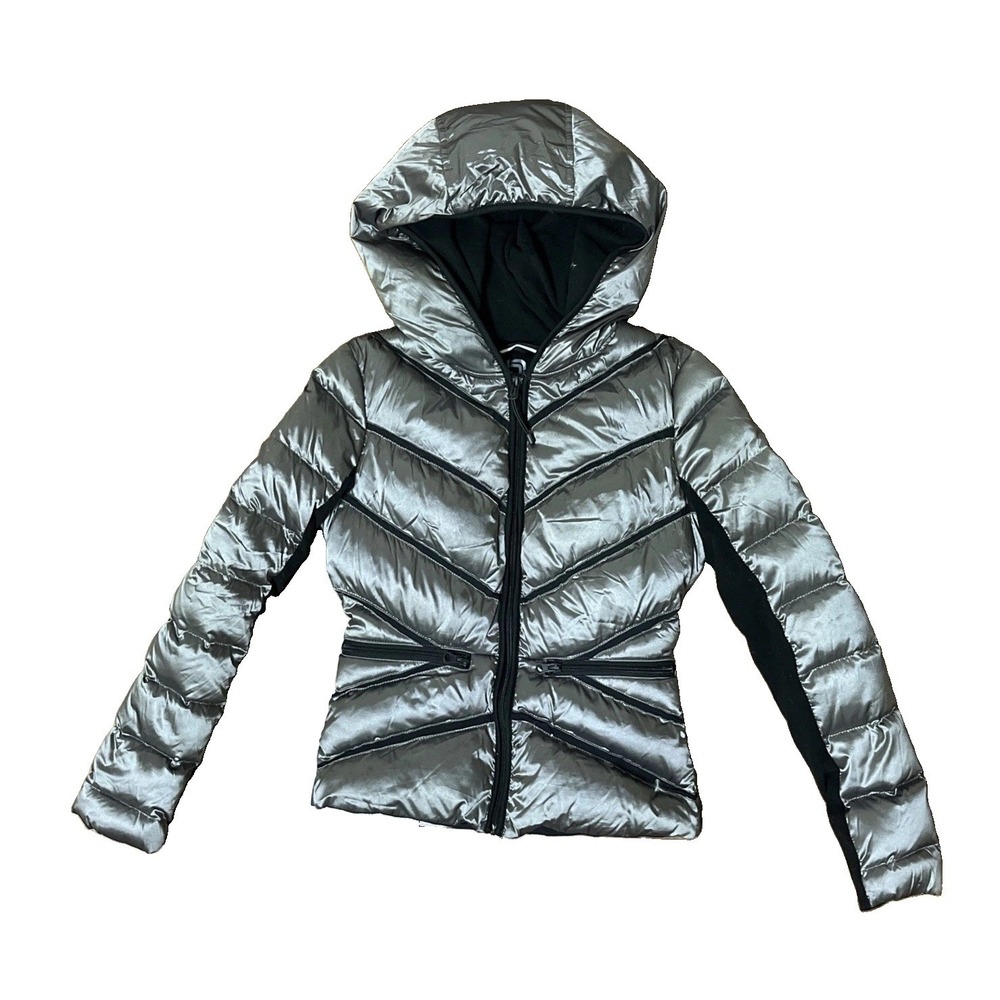 Blanc Noir Women's Mesh Inset Silver Hooded Puffer Down Jacket Size XS